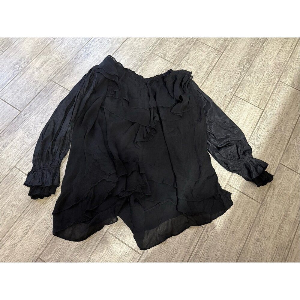 Free People Blouse Womens Med Black Tunic Boho Oversized Ruffle Long Sleeve